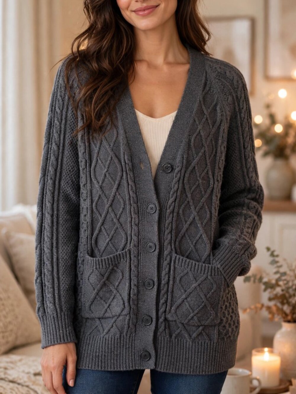 Gap L Grey Cable Knit Button Cardigan Oversizee Pockets Cozy Grandpa Sweater